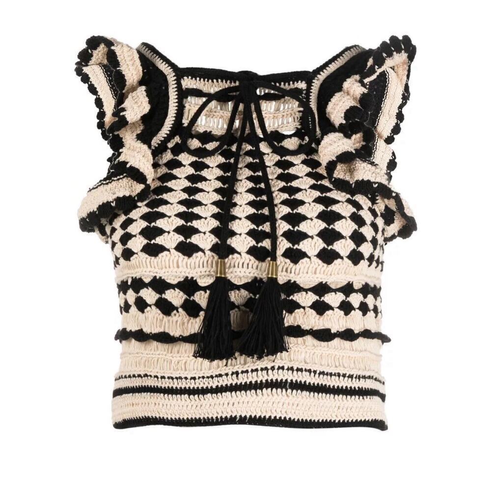 Zimmermann Crochet Crop Tank Top Anneke Halter Striped Shirt Blouse Cotton US 8